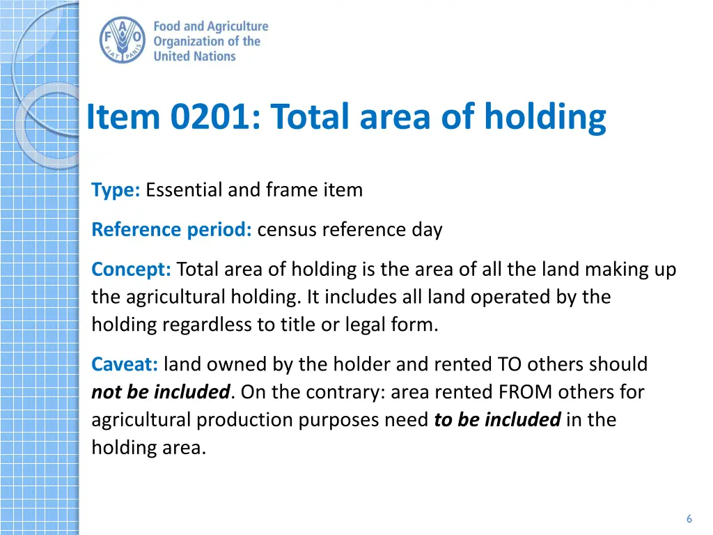 item 0201 total area of holding