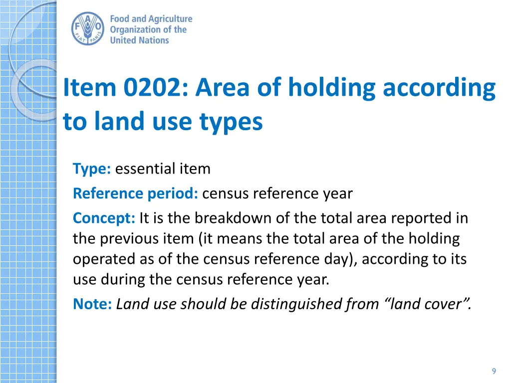 item 0202 area of holding according to land