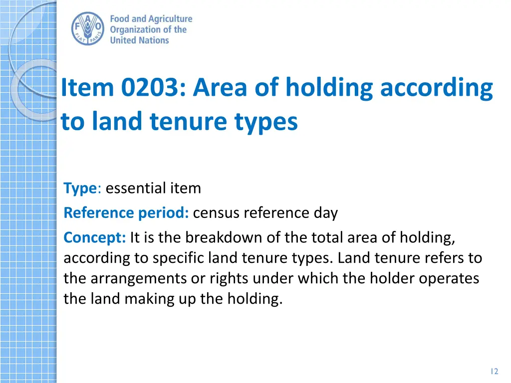 item 0203 area of holding according to land