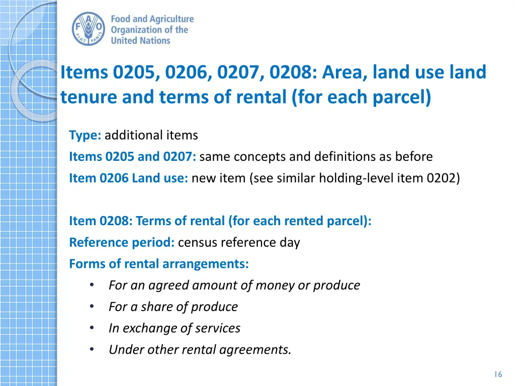 items 0205 0206 0207 0208 area land use land