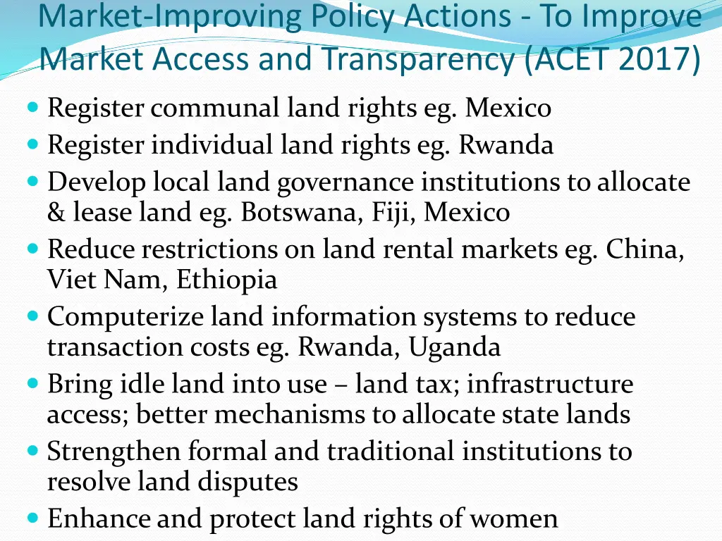 market improving policy actions to improve market