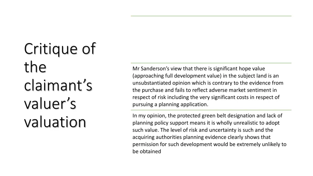 critique of the claimant s valuer s valuation