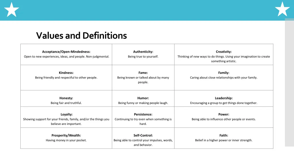 values and definitions 1