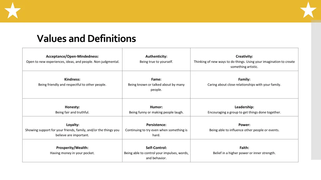 values and definitions