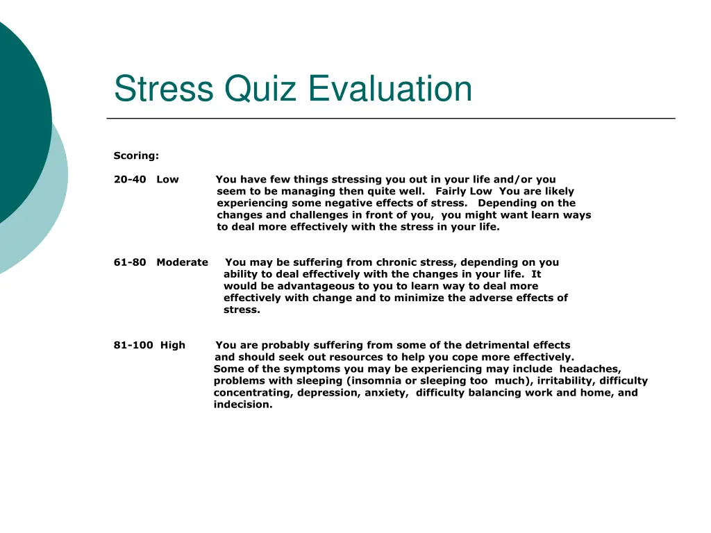 stress quiz evaluation