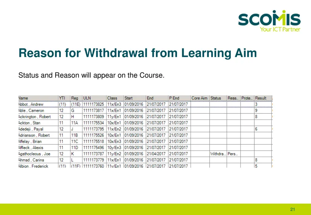 reason for withdrawal from learning aim