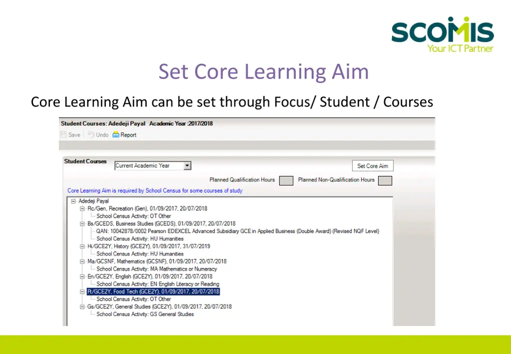 set core learning aim