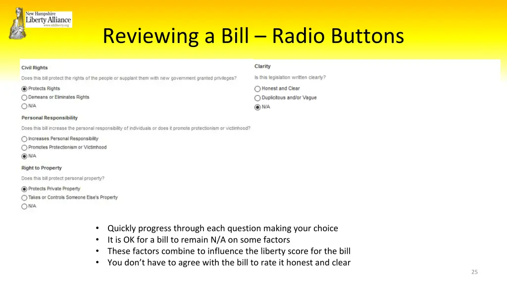 reviewing a bill radio buttons