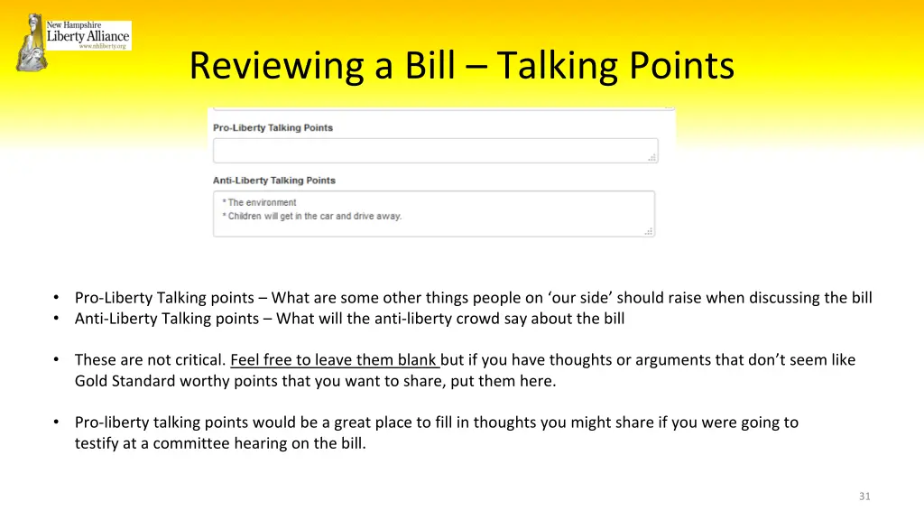 reviewing a bill talking points