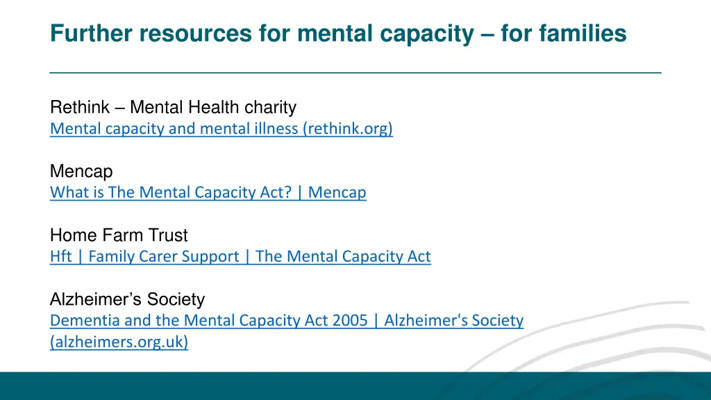 further resources for mental capacity for families