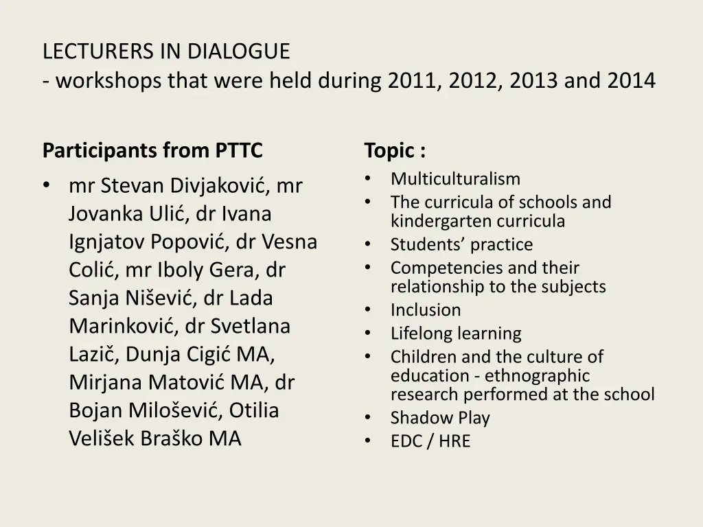 lecturers in dialogue workshops that were held