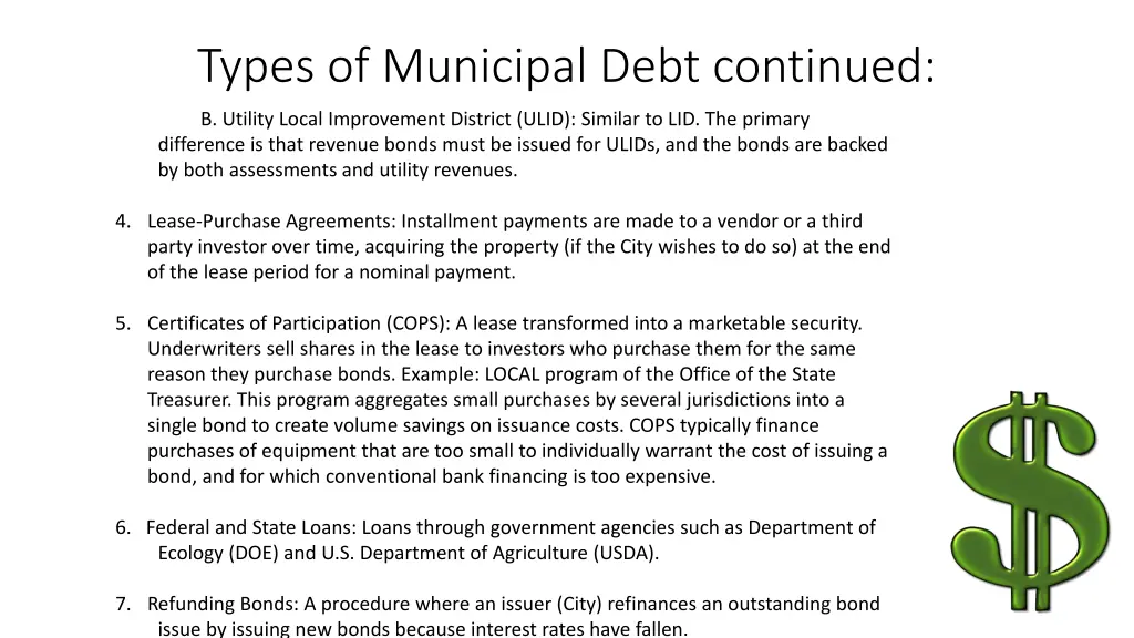 types of municipal debt continued