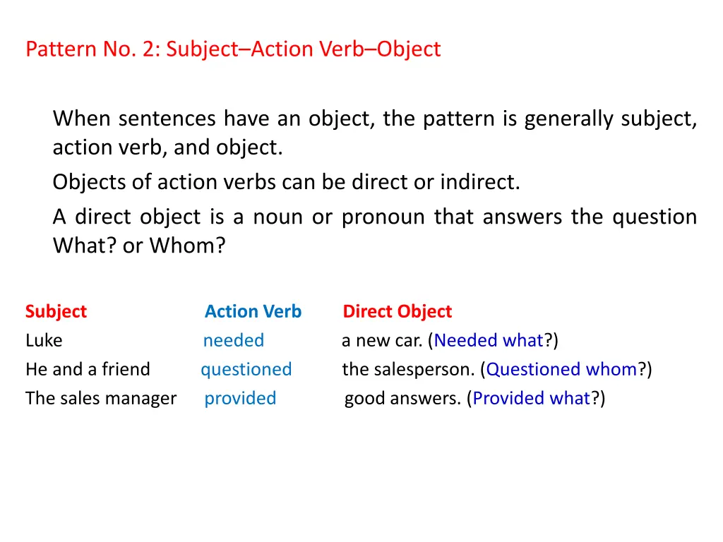 pattern no 2 subject action verb object