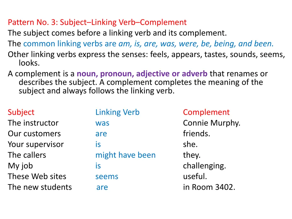 pattern no 3 subject linking verb complement