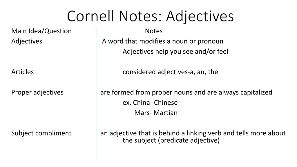 cornell notes adjectives main idea question