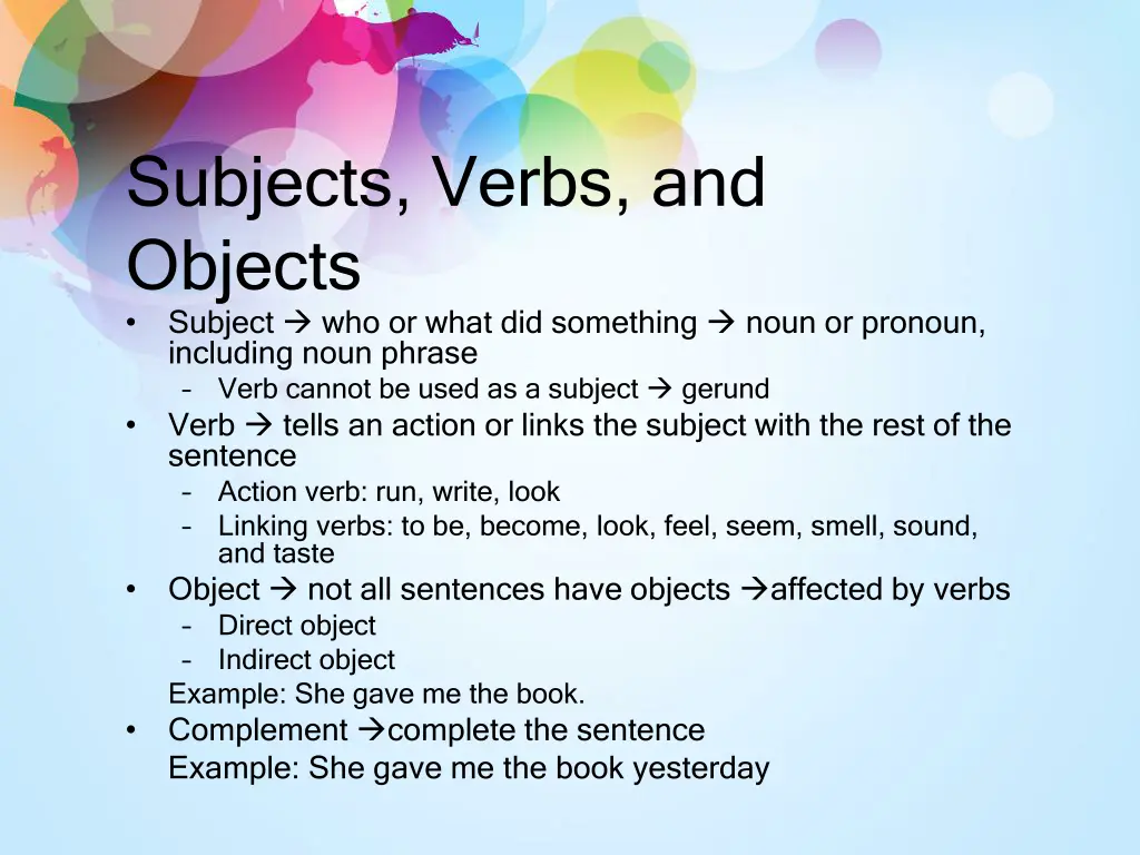 subjects verbs and objects subject who or what