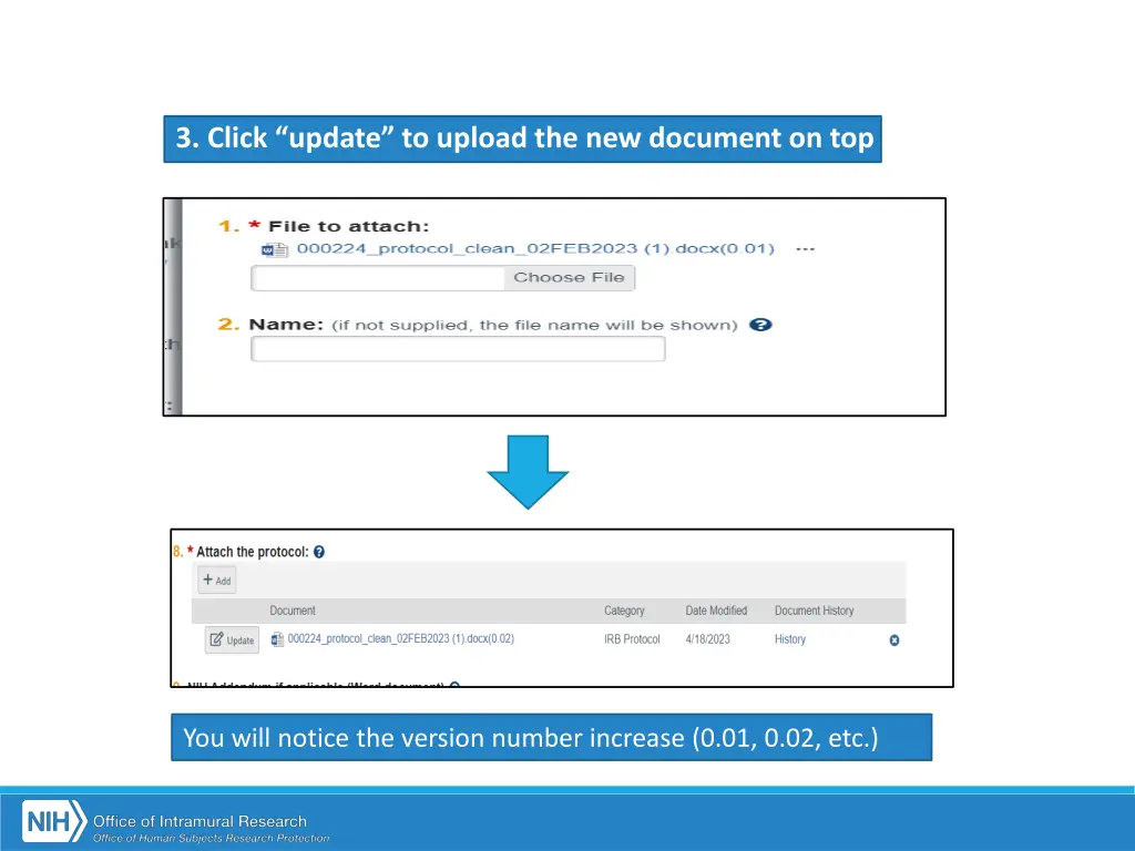 3 click update to upload the new document on top