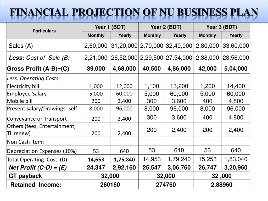 financial projection of nu business plan