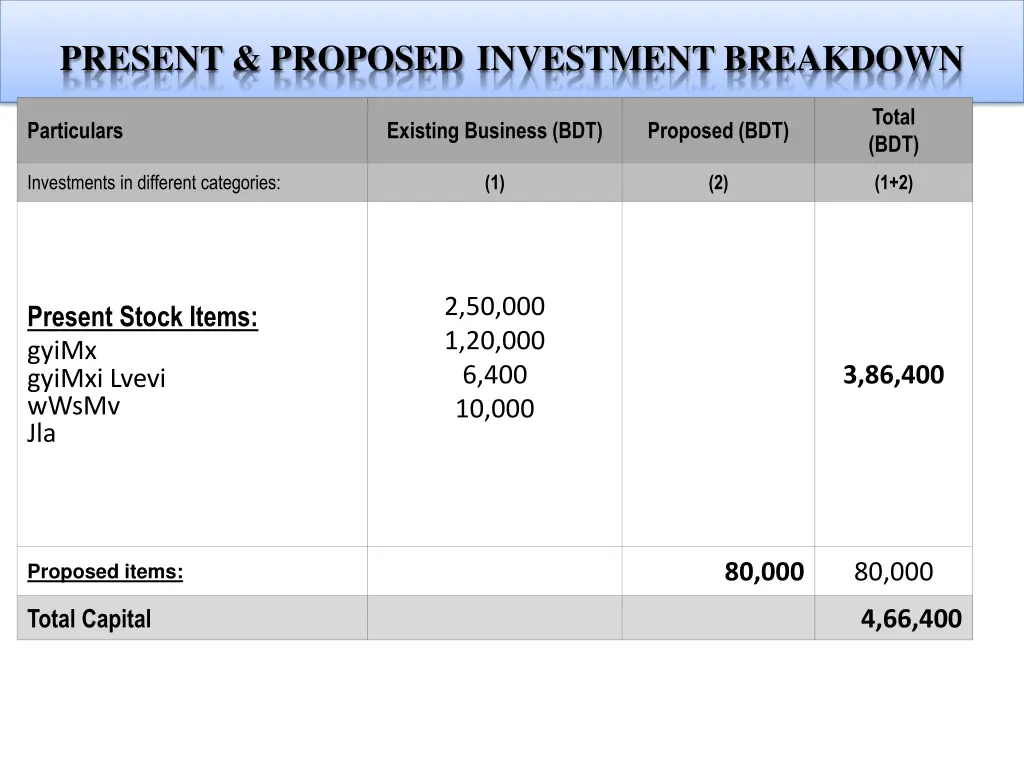 present proposed investment breakdown