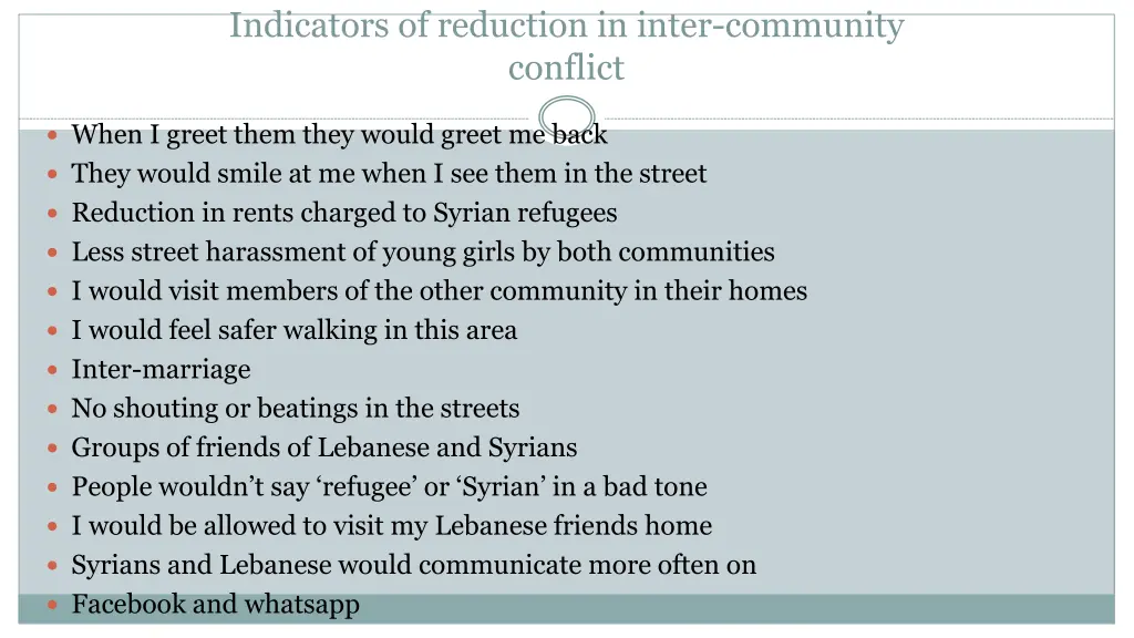 indicators of reduction in inter community