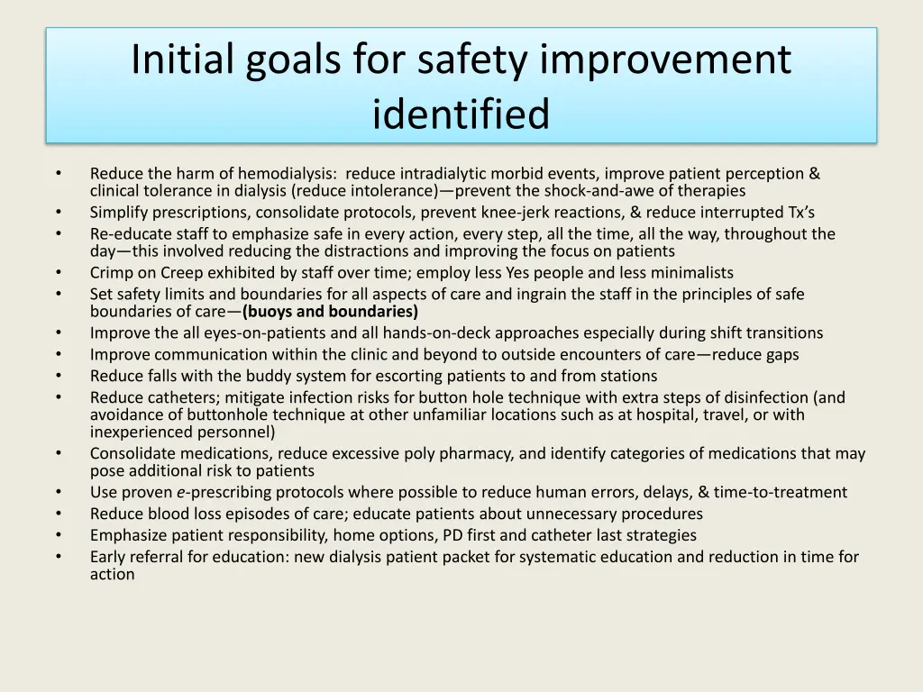 initial goals for safety improvement identified