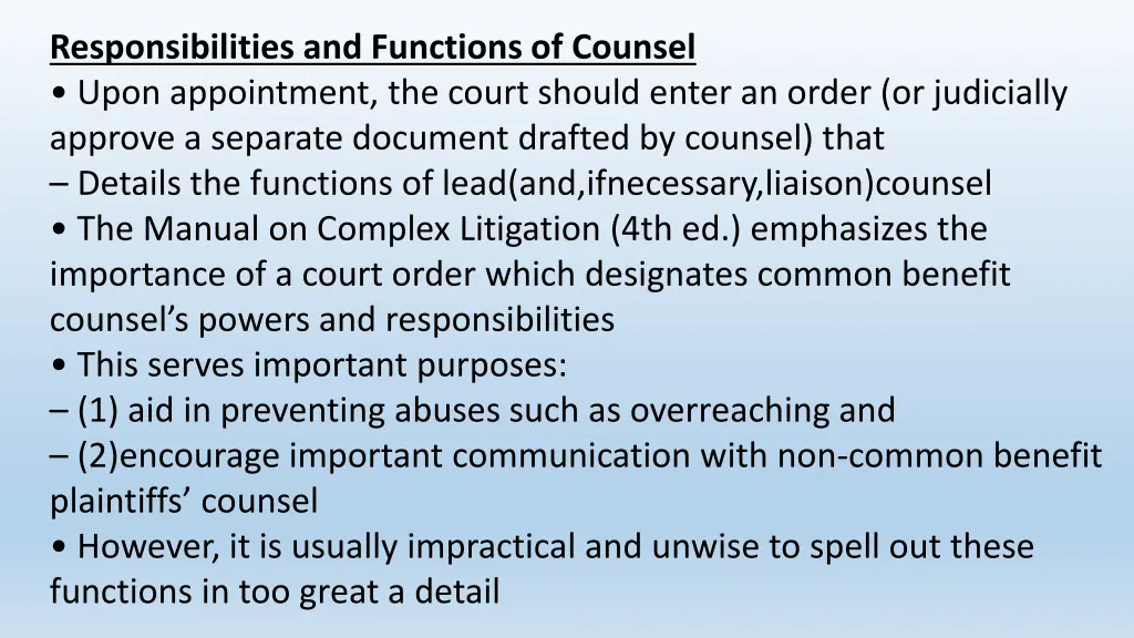 responsibilities and functions of counsel upon