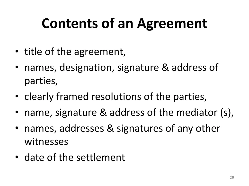 contents of an agreement