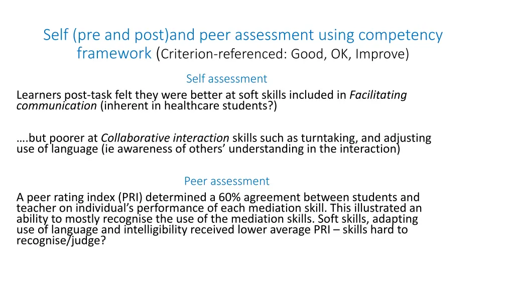 self pre and post and peer assessment using