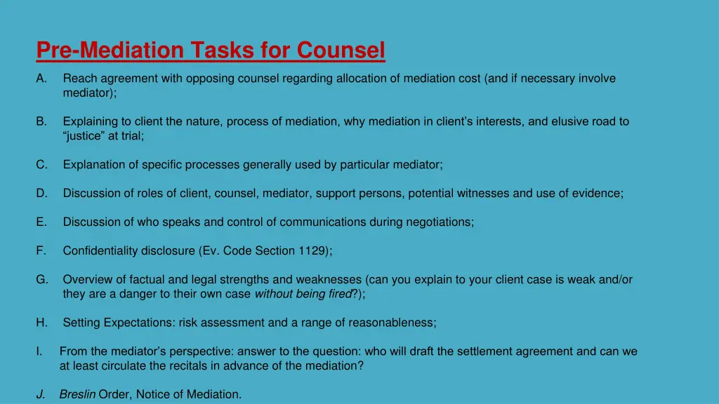 pre mediation tasks for counsel