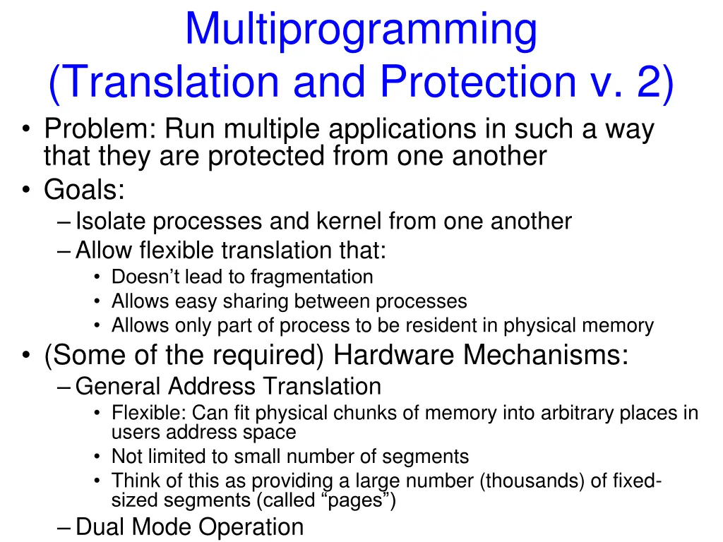 multiprogramming translation and protection