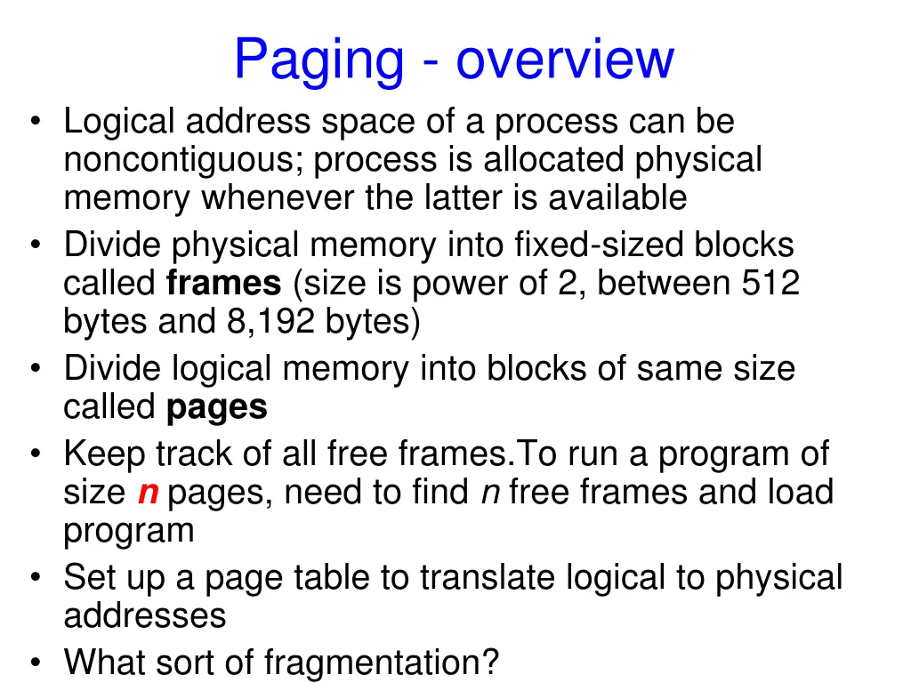 paging overview logical address space