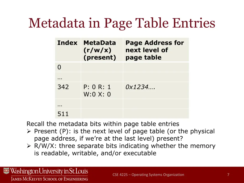 metadata in page table entries