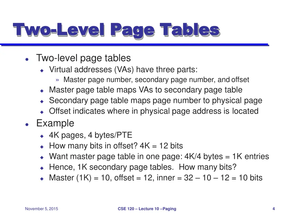 two two level page level page tables