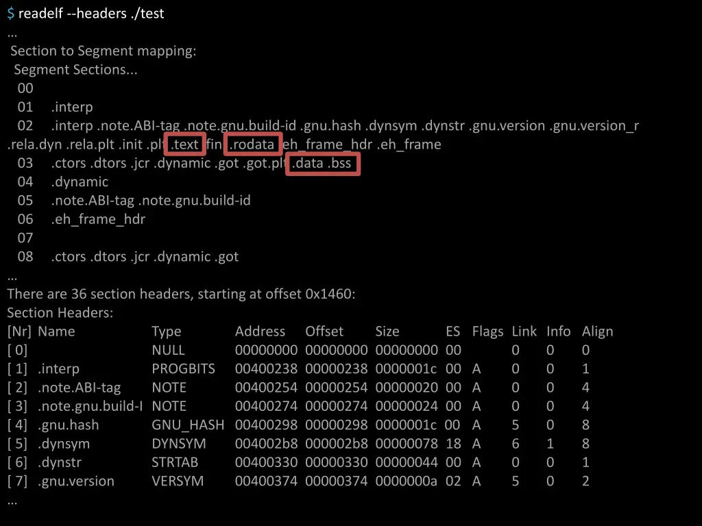 readelf headers test section to segment mapping