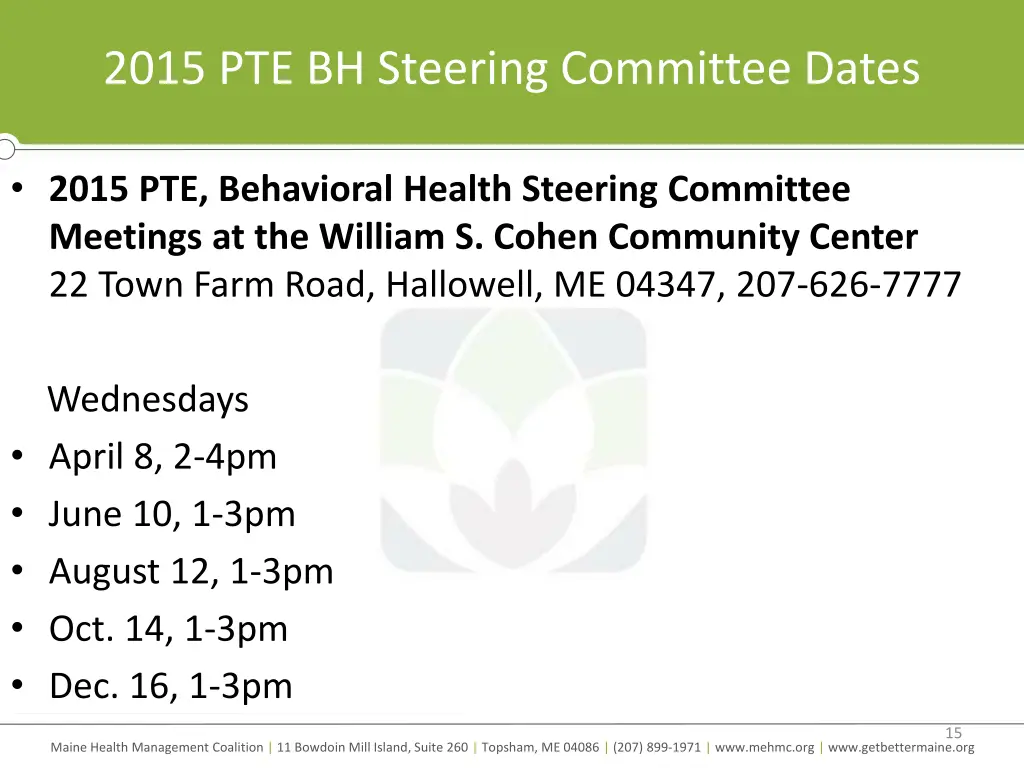 2015 pte bh steering committee dates