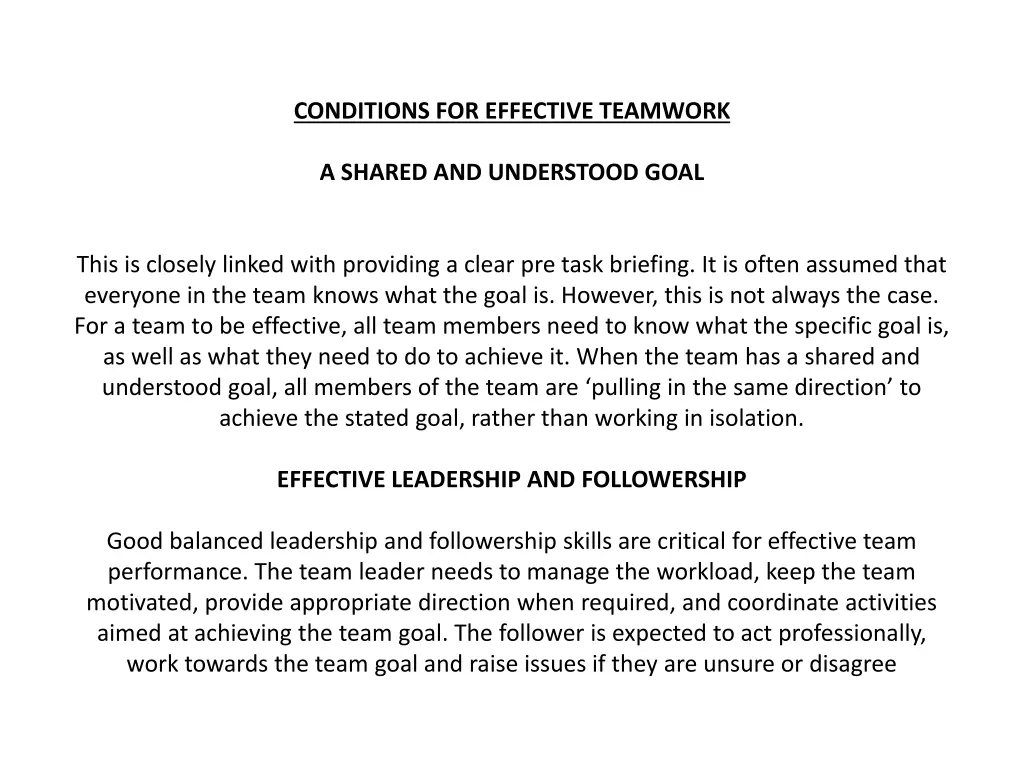 conditions for effective teamwork