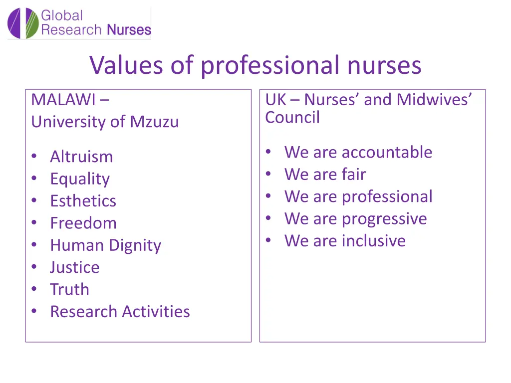 values of professional nurses