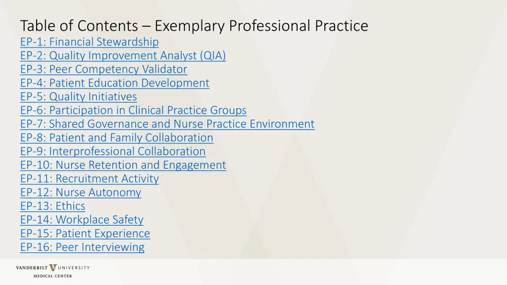 table of contents exemplary professional practice