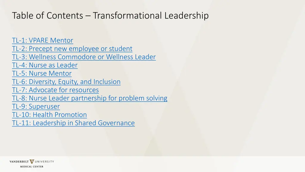 table of contents transformational leadership