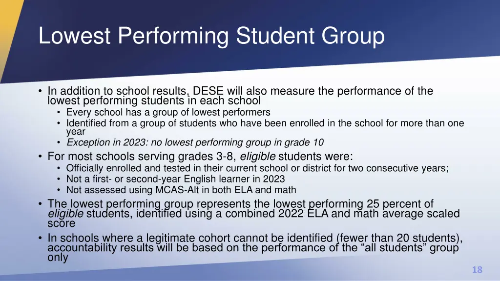 lowest performing student group