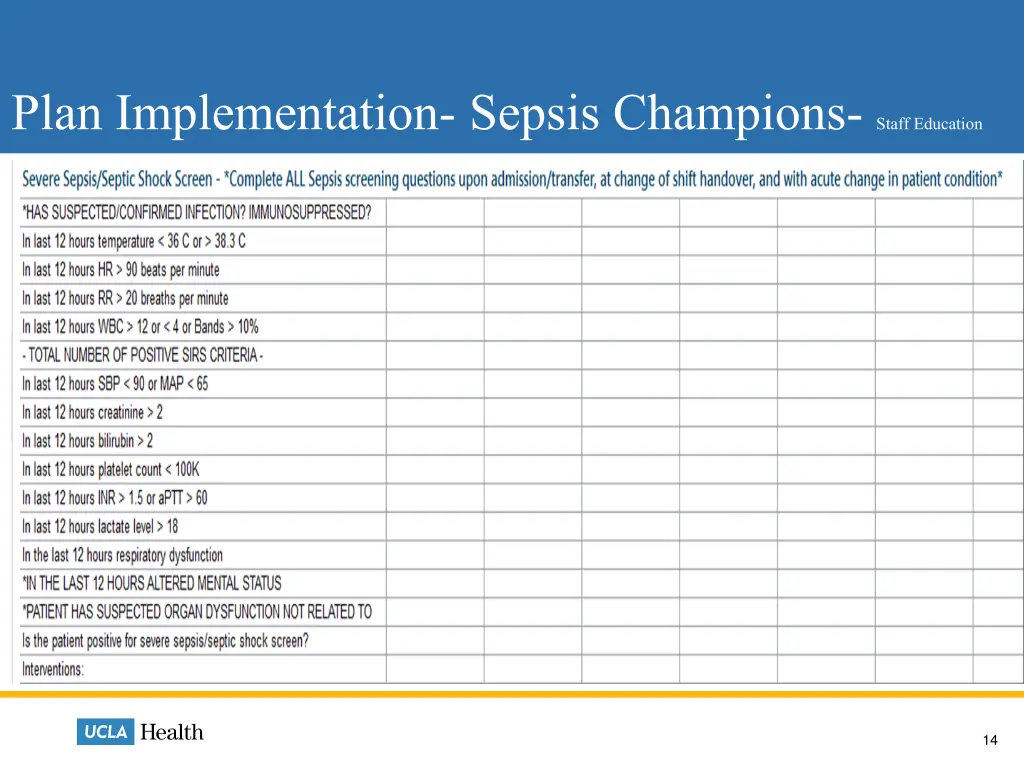 plan implementation sepsis champions staff