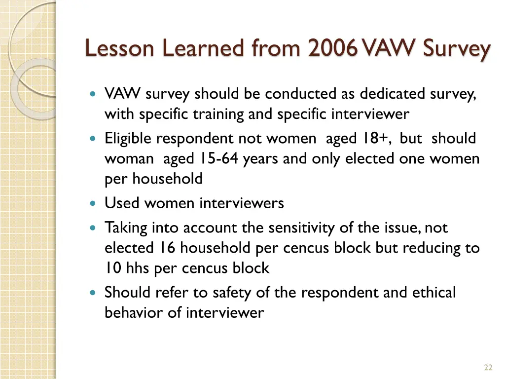 lesson learned from 2006 vaw survey