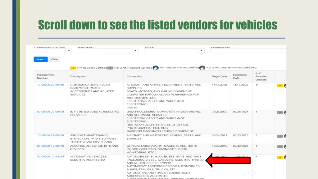 scroll down to see the listed vendors for vehicles