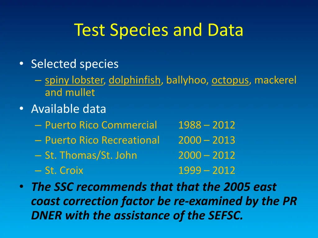 test species and data