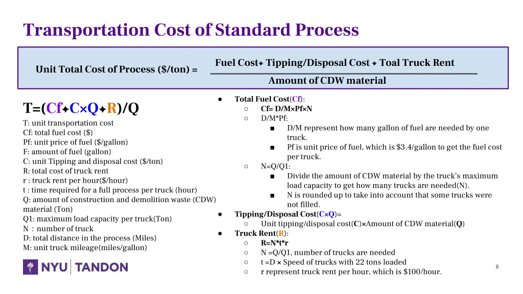 transportation cost of standard process