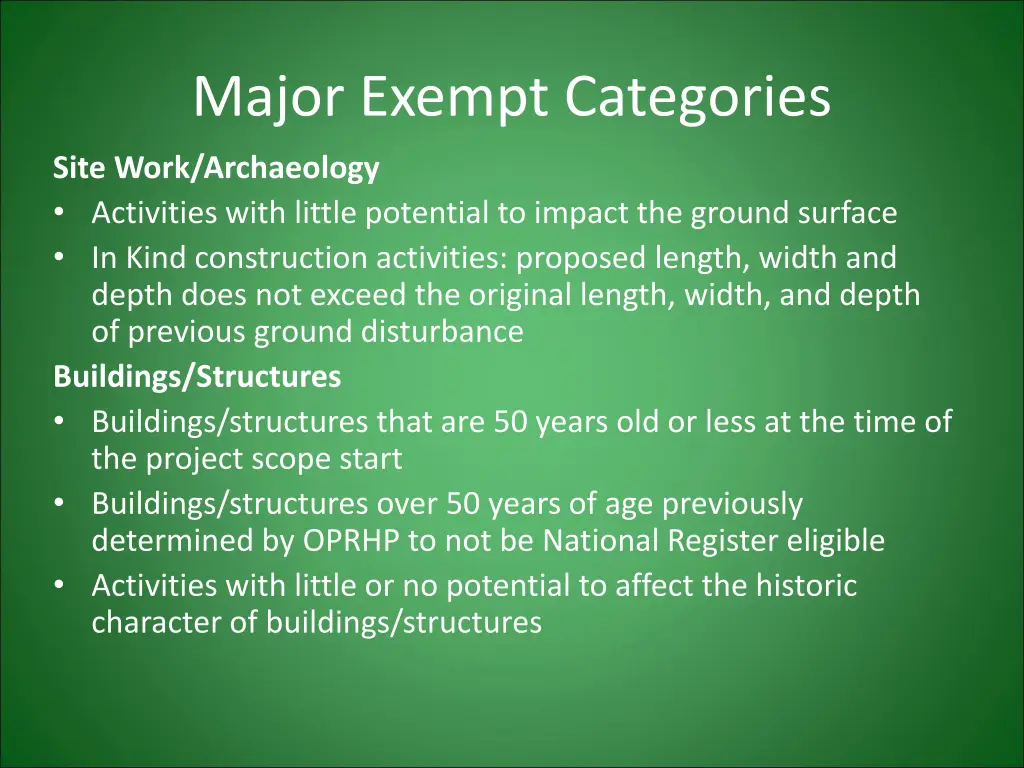 major exempt categories