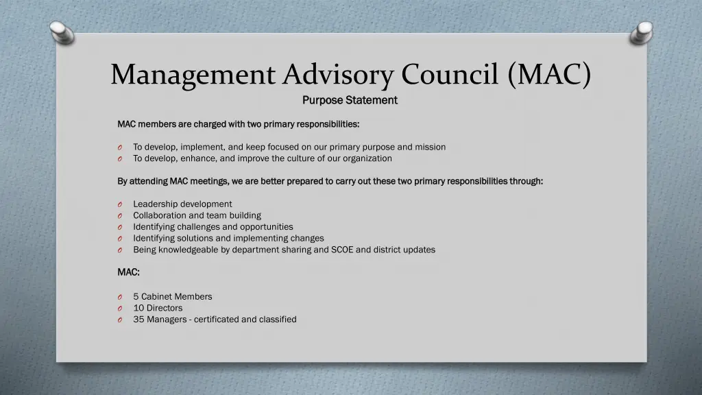 management advisory council mac purpose statement