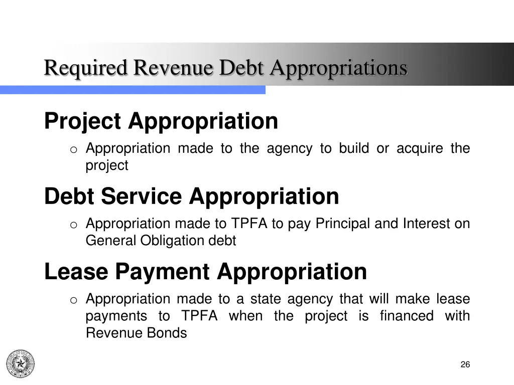 required revenue debt appropriations