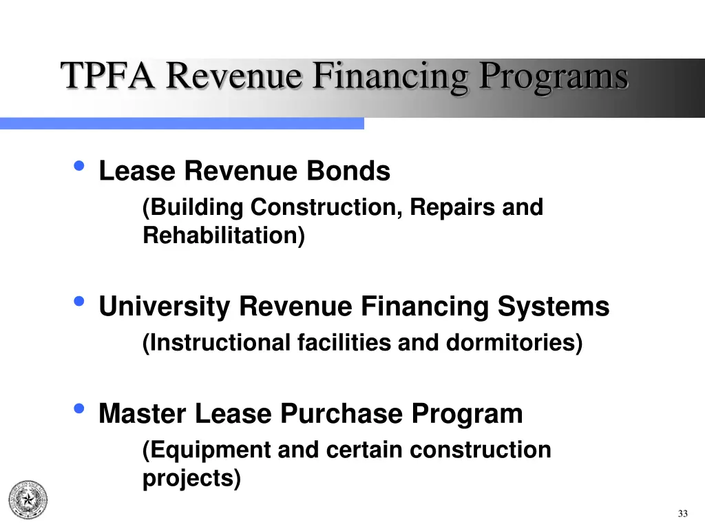 tpfa revenue financing programs