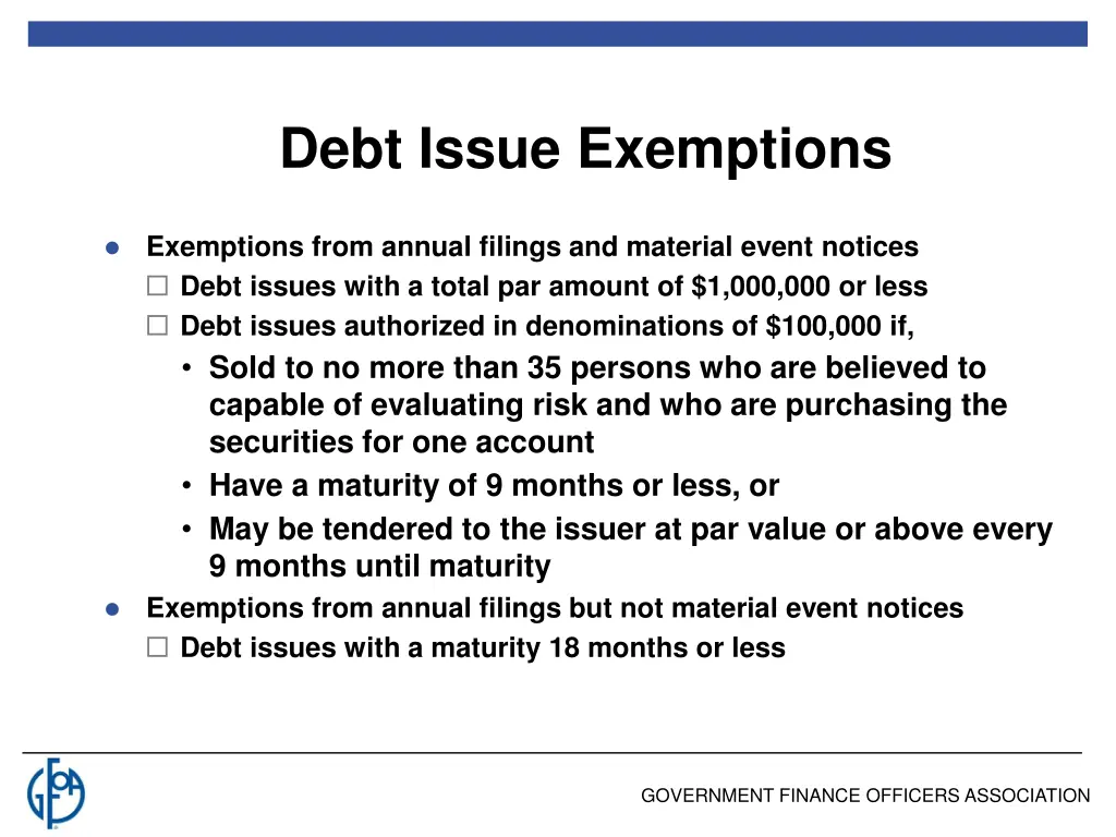 debt issue exemptions